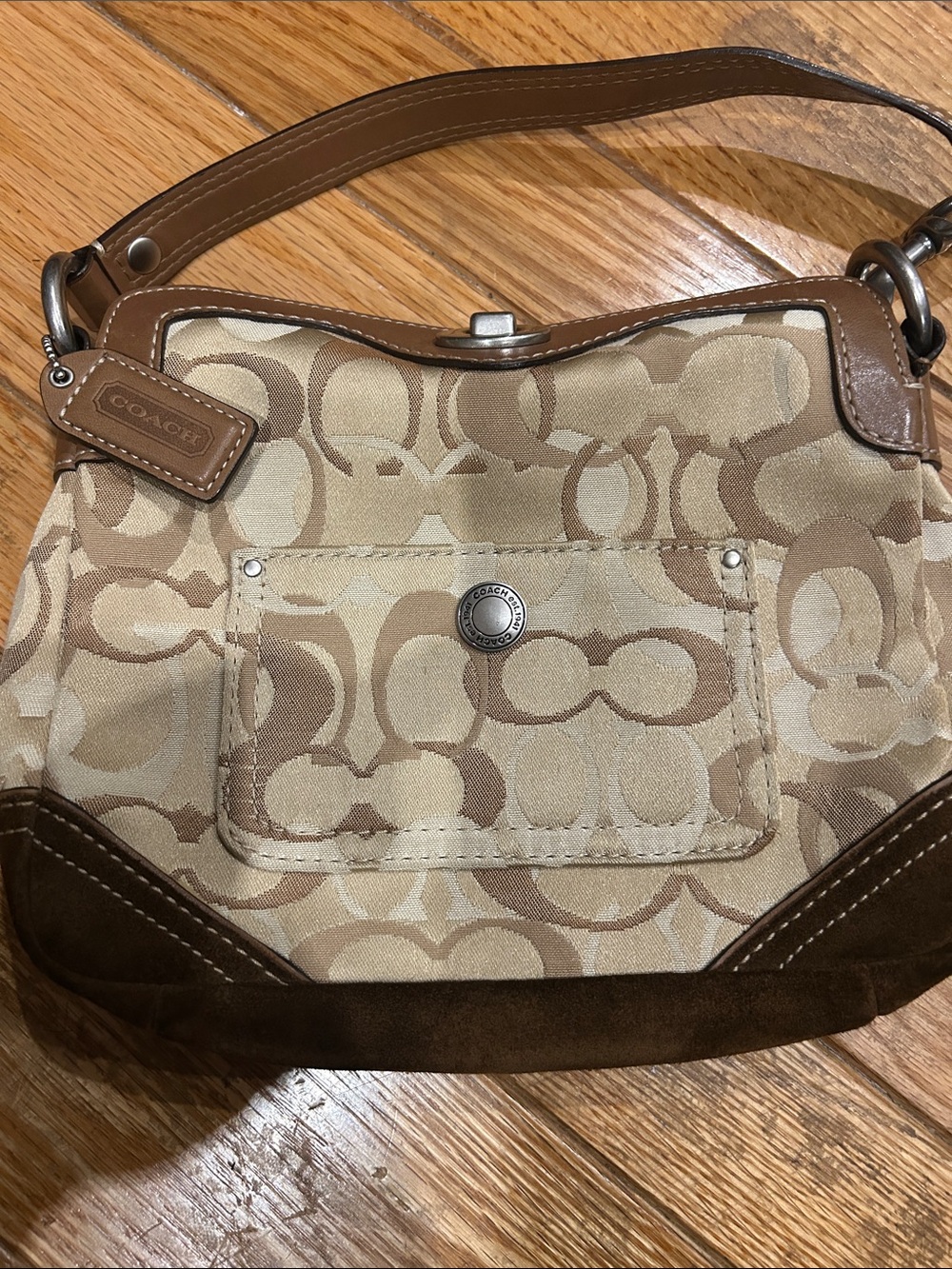 Coach Beige and Brown Signature Canvas Shoulder Bag